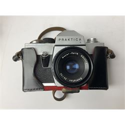 Praktica L camera body, with 'Meyer-Optik Gorlitz Domiplan 2.8/50' lens, CMS Commet II camera, Pair of Janik 8x30 binoculars in a case etc