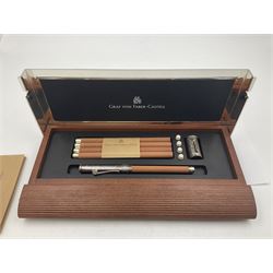 Graf Von Faber-Castell Pencil Cassette, housed in alder wood presentation box with mirrored hinged lid, containing platinum plated Perfect Pencil, sharpener, four erasers and four replacement pocket pencils with native alder handles hand-selected by Nuremberg woodcarvers, with certificate, cloth and original green box