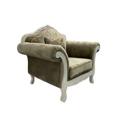 French style white finish armchair, upholstered in grey fabric with scrolling floral pattern, the frame decorated with leaf motifs 