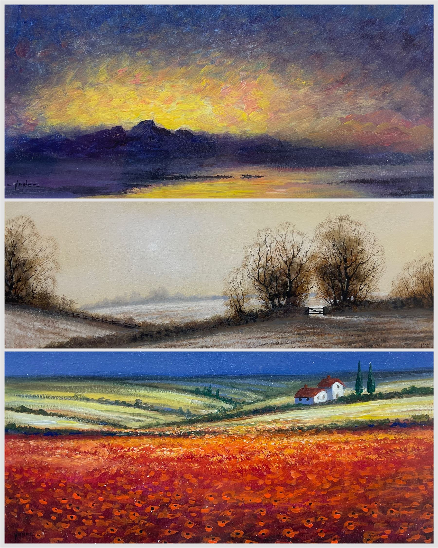 Mike Nance (British Contemporary): 'Hazy Morning' 'Sunset' and 'Poppies', three acrylic on board signed, labelled verso max 24cm x 70cm (3)
