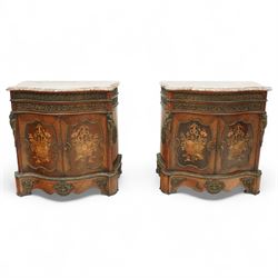 Pair of late 19th-century Louis XV style marquetry and gilt bronze-mounted cabinets, serpe...