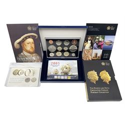 The Royal Mint United Kingdom 2005 proof coin set, with certificate, 2009 'Henry VIII' brilliant uncirculated fine pound coin, 2010 brilliant uncirculated coin collection, 2015 'The Fourth and Fifth Circulating Coinage Portrait Collection', and 'Farewell and Nations of the Crown UK' one pound brilliant uncirculated two coin set, all cased or in card folders