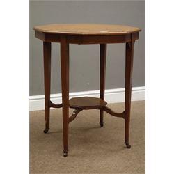  Edwardian satinwood and burr octagonal table centre table, square tapering supports connected by a central undertier, ceramic castors, D66cm, H72cm   