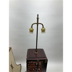 Vintage Chinese abacus table lamp, with double light fitting, and cream fabric shade decorated with characters, overall H73cm