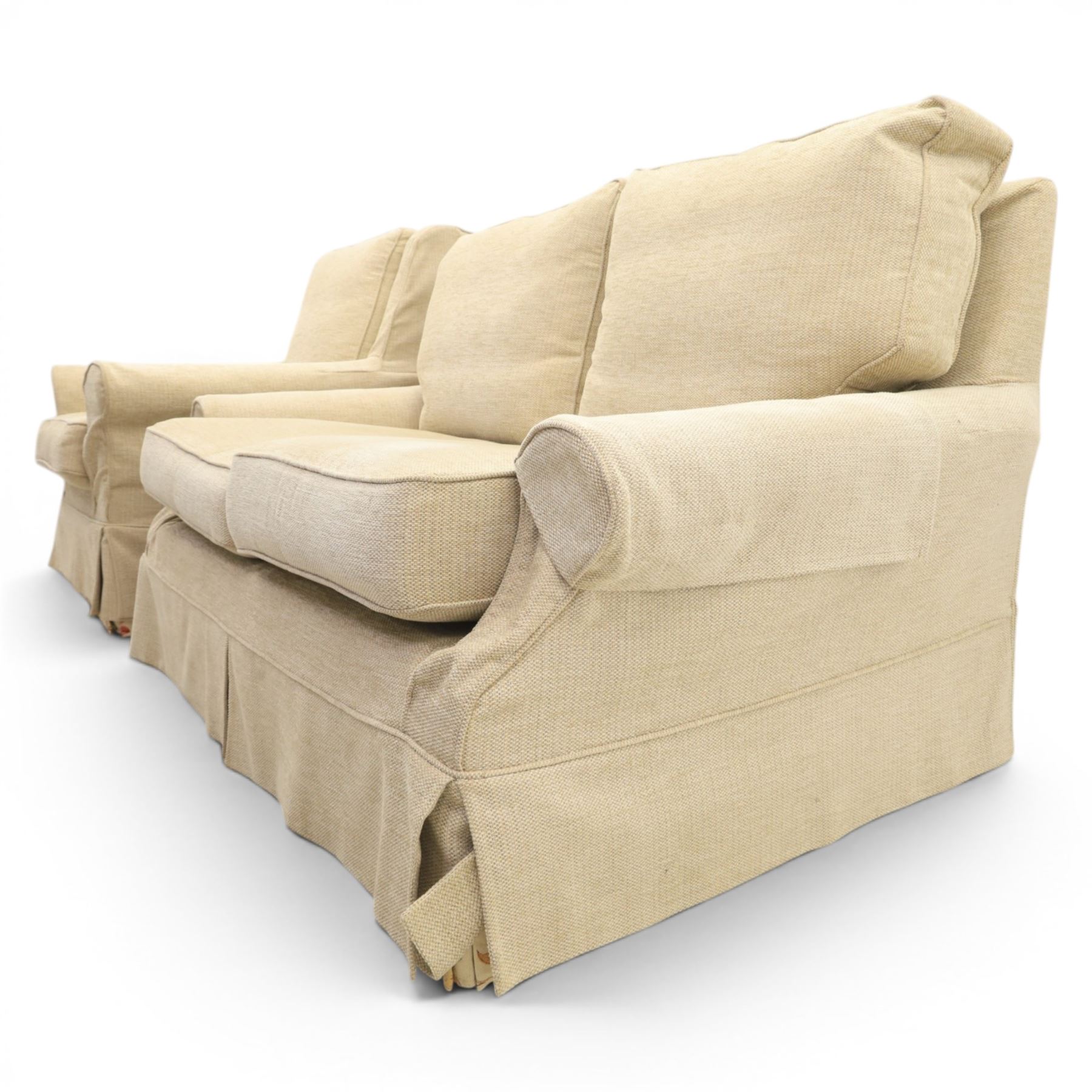 Wesley Barrel - two seater sofa and matching armchair,with scrolled arms and loose cushions, beige chenille fabric, raised on castors  (Armchair: H 100cm, D 100cm, W 87cm)
