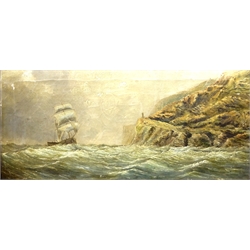  Sailing Boat in Stormy Seas off the Coast, 19th century oil on canvas unsigned 34cm x 75cm  