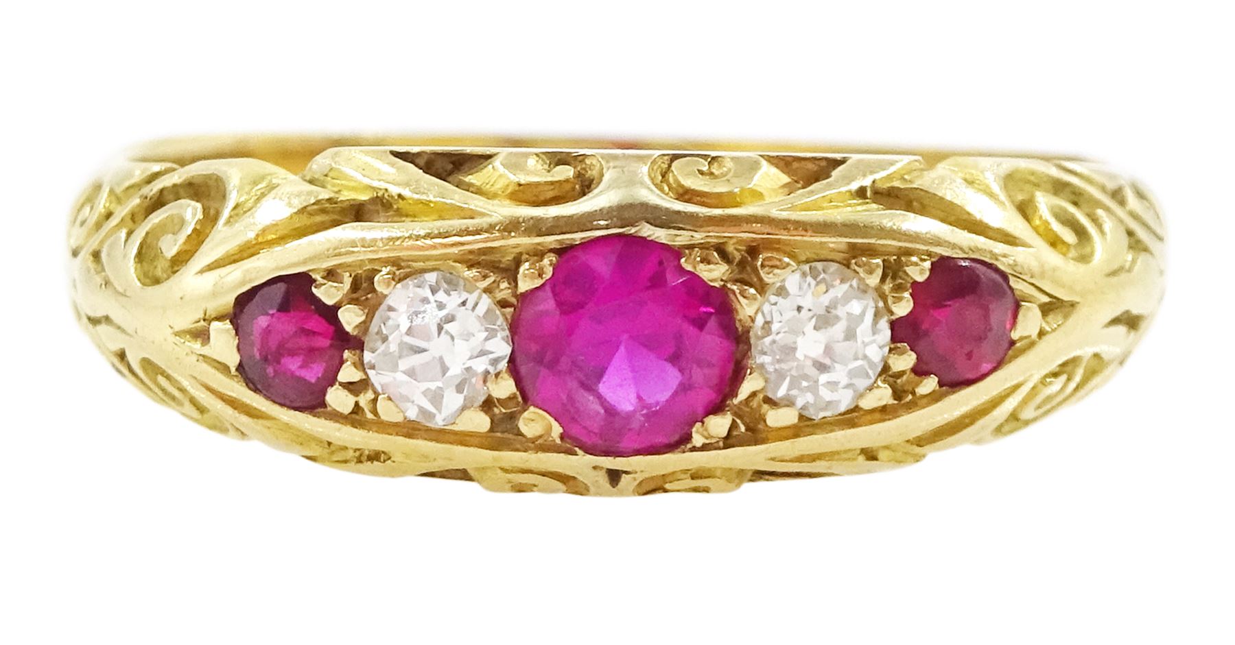 Edwardian 18ct gold five stone ruby and old cut diamond ring, Chester 1908
