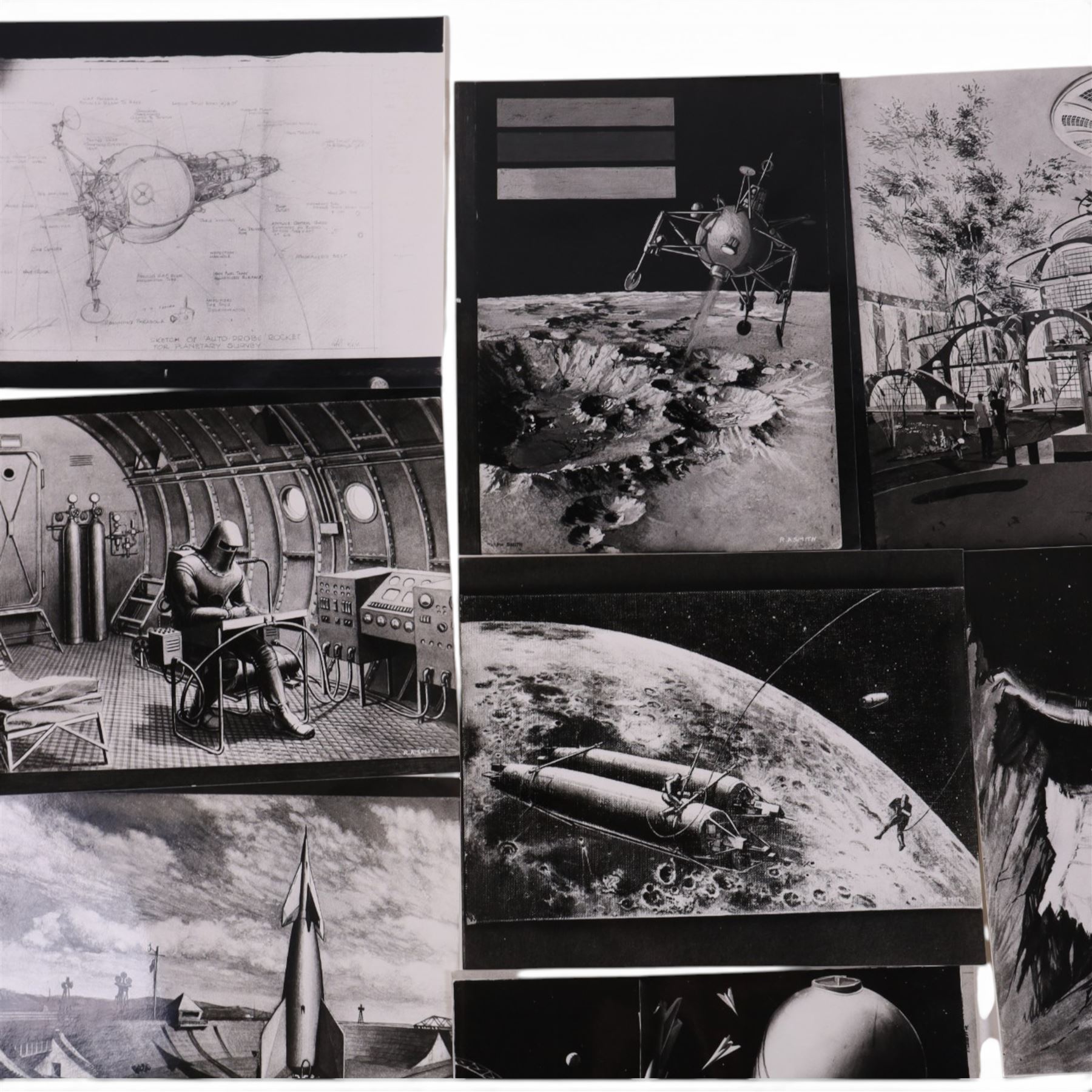 Fourteen black and white photographs of artwork by Ralph Andrew Smith, including images used in 'The Exploration of Space', a sketch of auto probe rocket for planetary survey and Inside Lunar City, etc, two with annotations written by Arthur C Clarke verso, H20, W25cm

Notes: This item is from the private collection of Arthur C. Clarke's brother.