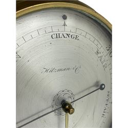 Hitzman & Co of Cambridge - Early 19th century mahogany mercury wheel barometer c1830,
With a broken pediment and finial, rounded base, and lined stringing to the edge, cast brass bezel with an 8-inch circular silvered register calibrated in inches and signed Hitzman & Co, Cambridge, with brass setting pointer to the glass, beneath an arched 12” Fahrenheit scale spirit thermometer with a silvered register. Joseph and Henry Heitzman were German barometer makers and clock importers who lived and worked in Trinity Street Cambridge 1820-1900, often found as here spelt Hitzman.
