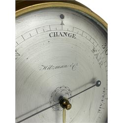 Hitzman & Co of Cambridge - Early 19th century mahogany mercury wheel barometer c1830,
With a broken pediment and finial, rounded base, and lined stringing to the edge, cast brass bezel with an 8-inch circular silvered register calibrated in inches and signed Hitzman & Co, Cambridge, with brass setting pointer to the glass, beneath an arched 12” Fahrenheit scale spirit thermometer with a silvered register. Joseph and Henry Heitzman were German barometer makers and clock importers who lived and worked in Trinity Street Cambridge 1820-1900, often found as here spelt Hitzman.
