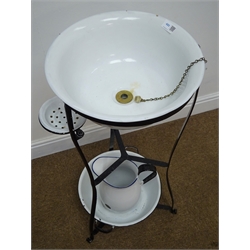  French style wrought metal wash stand with enamel basin, jug, bowl and soap dish, D42cm, H83cm  