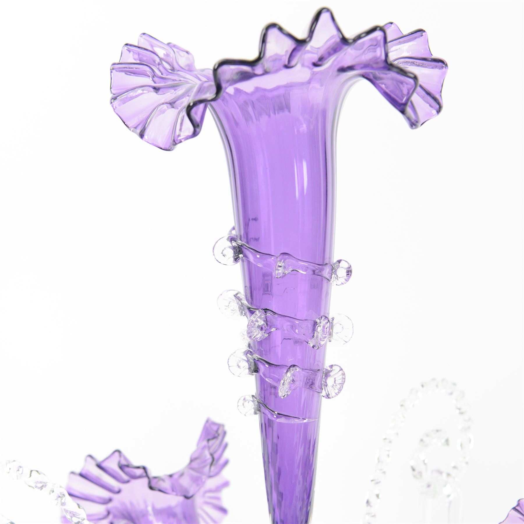 Victorian style English three basket amethyst glass epergne, H62cm
