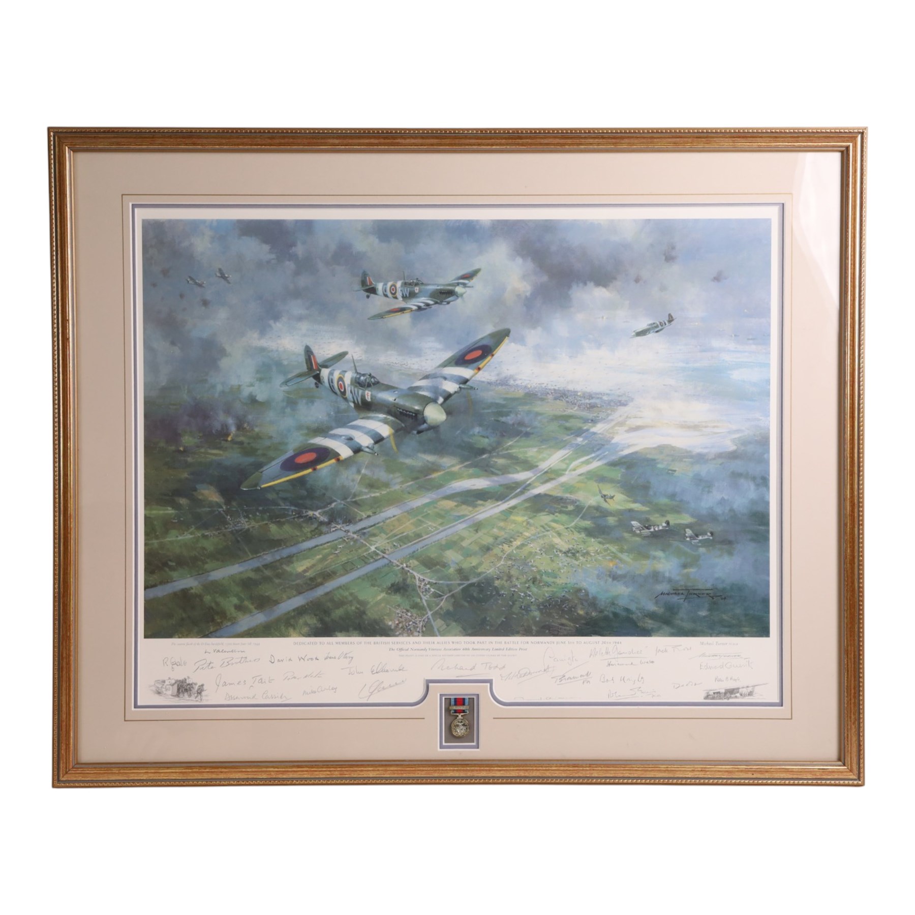 After Michael Turner, (b.1934), D-Day 6th June, 1944, The Official Normandy Veterans Association 60th Anniversary Limited Edition print, signed by the artist and various veterans, including Flying Officer Leslie Valentine, mounted with a miniature medal, framed and glazed 66cm x 80cm
