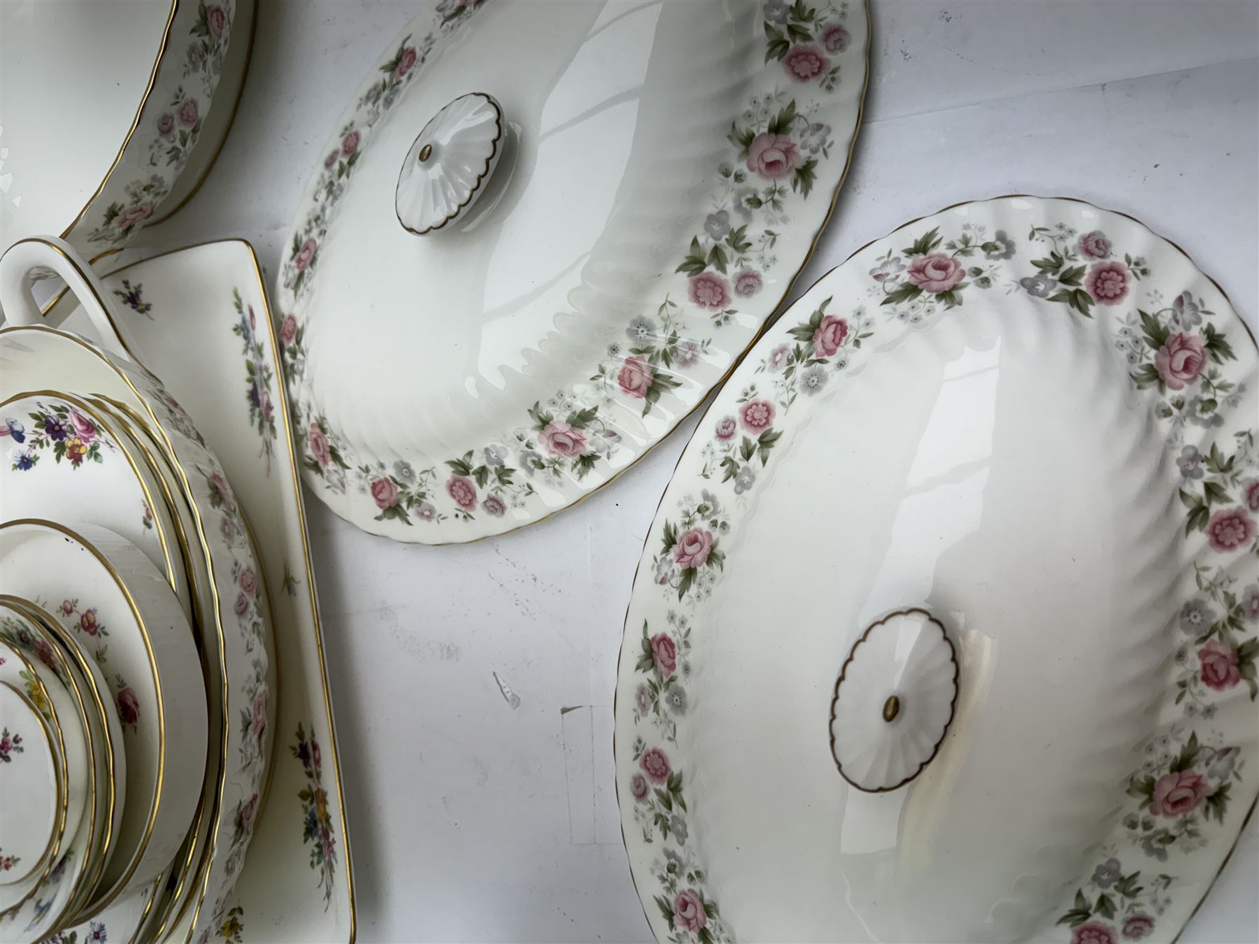 Minton Spring Bouquet pattern part tea and dinner service, including six dinner plates, six side plates, two covered dishes etc, together with Minton Marlow pattern part tea service  