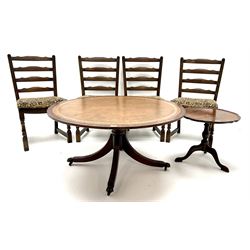 Regency style mahogany circular pedestal coffee table (D106cm, H53cm) set of four chairs and a small table