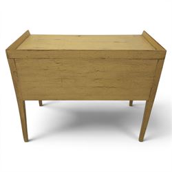 Pine country writing desk, rustic cream paint finish, galleried top over a central drawer flanked by two drawers, tapered square supports
