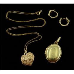  Gold locket stamped 10k, pair 9ct gold earrings and hallmarked 9ct locket on chain necklace 8.2gm total  