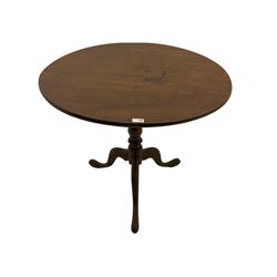 19th century mahogany tripod table, hinged top, turned pedestal base