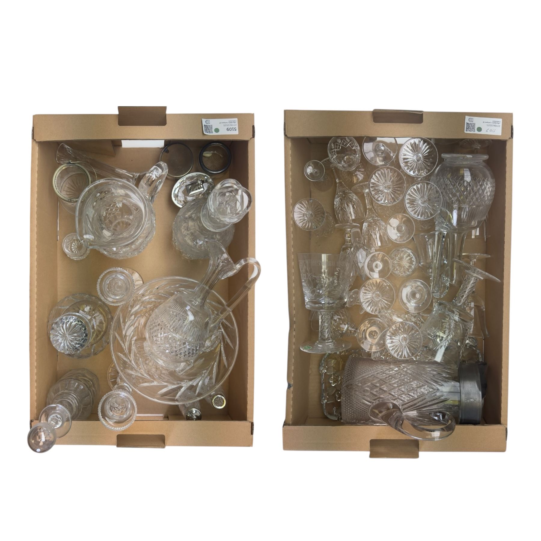 Waterford crystal jug, together with Stuart Crystal York Minster Goblet, Stuart Crystal commemorative goblet and other glassware, in two boxes 