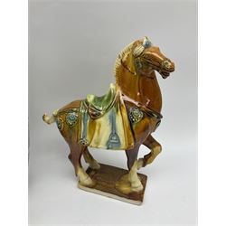 20th century Chinese figure, modelled as a female on horseback, signed China to base, together with three 20th century Chinese Famile Rose vases, each decorated with figural panels, upon dense floral and foliate gilt ground, a Tang style ceramic horse and a modern Japanese vase  