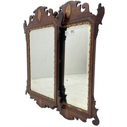  Pair of early 20th century Georgian Chippendale mahogany design wall mirrors, shaped pediment and terminal with shell motif inlays, rectangular bevelled plate within a foliate carved gilt slip