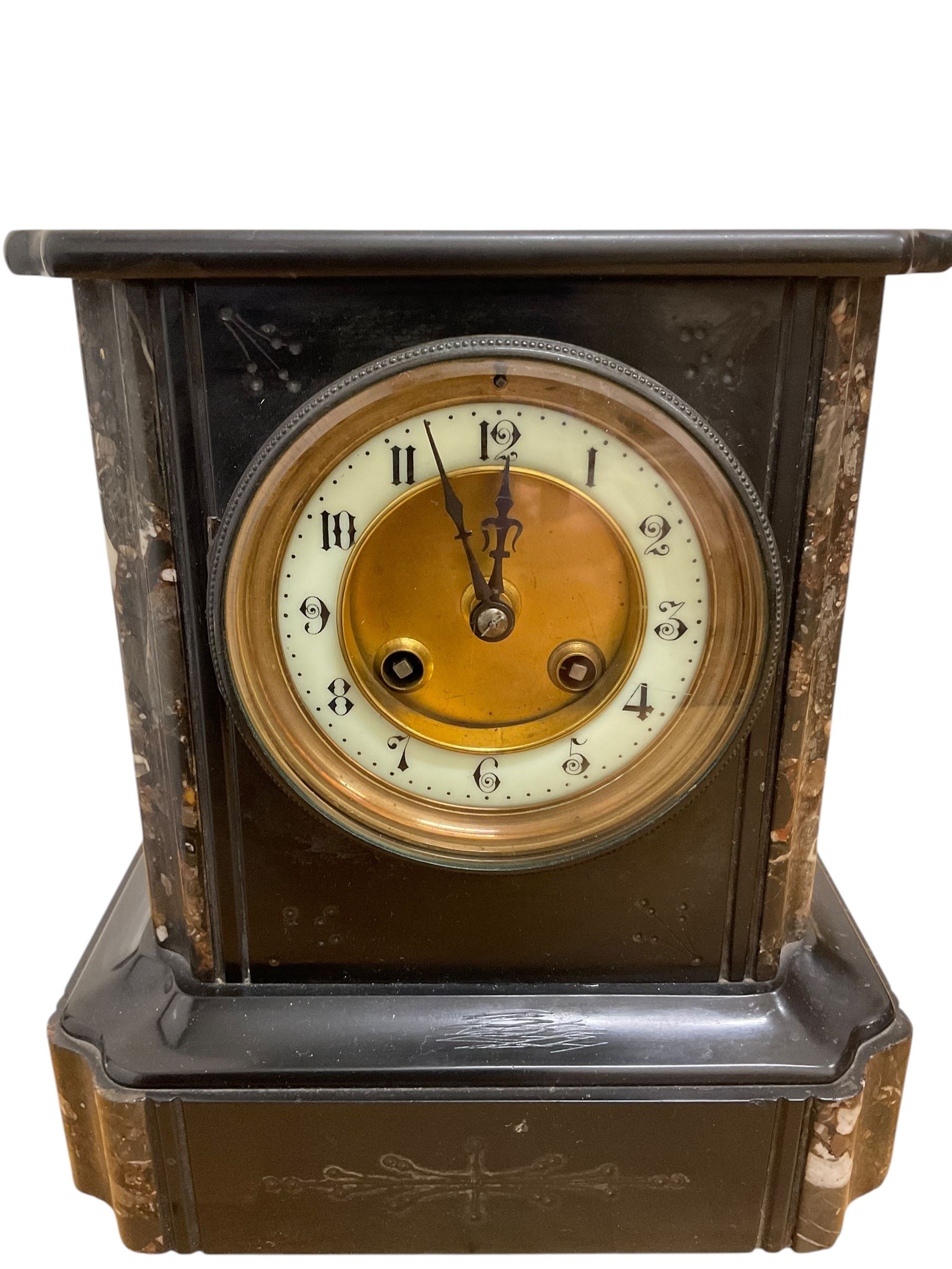 French- marble and slate mantle clock c1880 striking the hours and half hours on a gong. With pendulum.