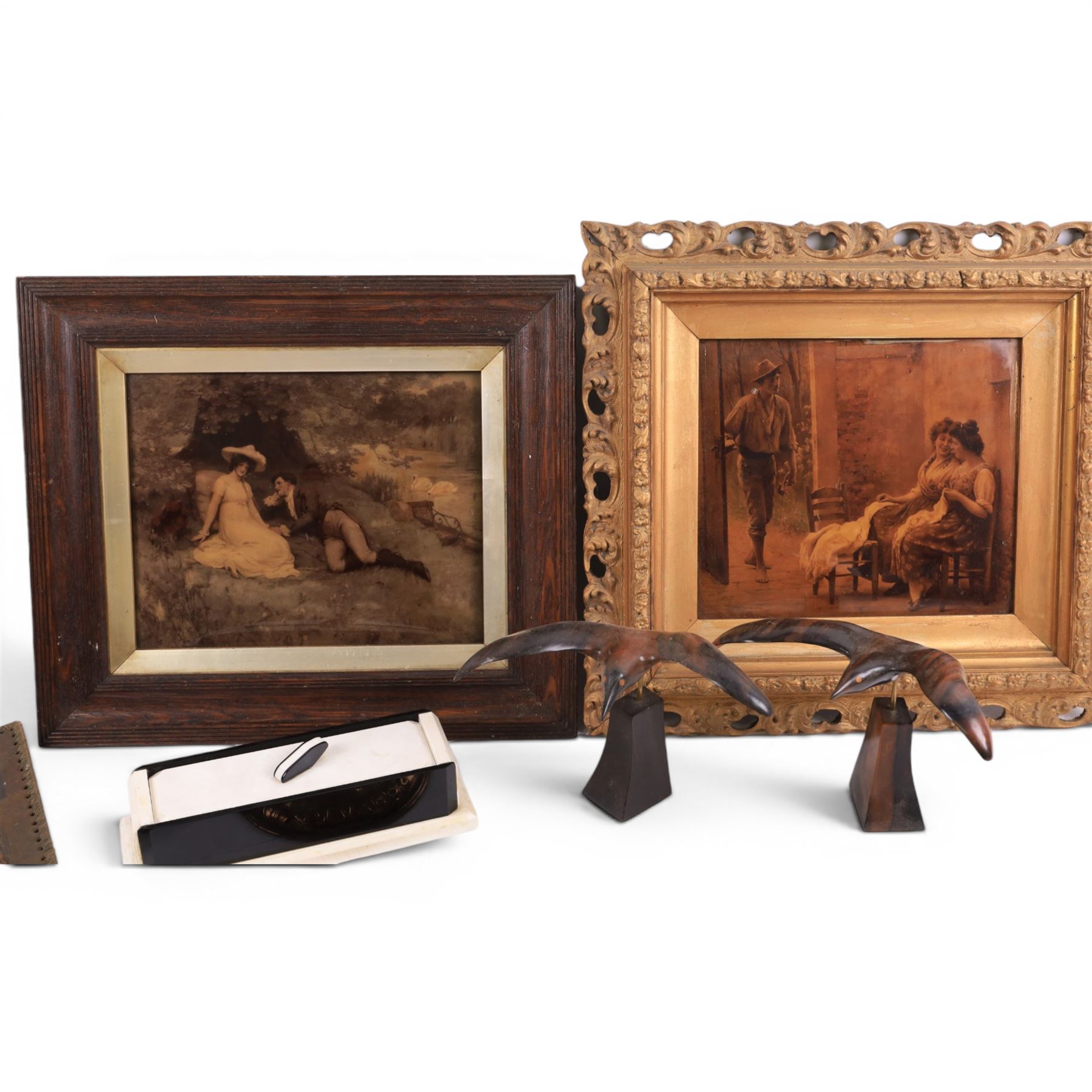 Two framed crystoleums, together with leather blotter, bee hive bell, art deco dominos and other collectables 