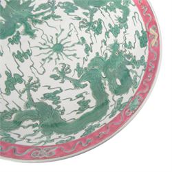 Chinese charger, the central panel of dragons chasing a flaming pearl, within a pink banner, D40cm 