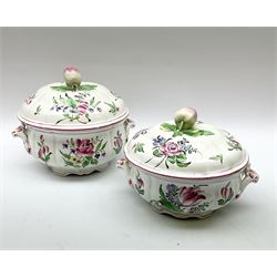 Matched Copeland Spode, Spode and French Luneville and Marlborough Sprays pattern dinner and tea wares, comprising two tureen and covers and apple finials, two sauce tureen and covers with pear finials and fixed stands, six graduated platters including two pairs, large plate, thirteen dinner plates, twelve bowls, ten smaller bowls, eight side plates, eleven smaller side plates, teapot, twin handled sucrier and cover with apple finial, open sucrier, cream jug, smaller cream jug, four breakfast cups, eight tea cups, four large saucers, eleven smaller saucers, and nine further smaller saucers. 