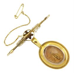 Victorian gold pearl locket, with glazed back, stamped 18ct, soldered on to gold bar brooch