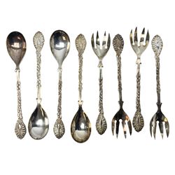 Set of four Continental silver spoons and forks, with stylised terminals, a number stamped S800, approximate weight 88.4 grams