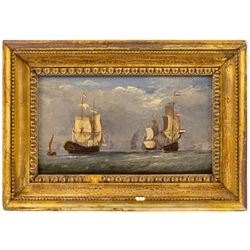Circle of John Ward of Hull (British 1798-1849): British and Dutch Ships at Sea, pair oils on panel unsigned 13cm x 23cm (2)