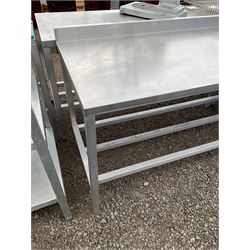 Aluminium framed preparation table with stainless top, barred under-tier, raised back - THIS LOT IS TO BE COLLECTED BY APPOINTMENT FROM DUGGLEBY STORAGE, GREAT HILL, EASTFIELD, SCARBOROUGH, YO11 3TX