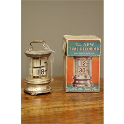  'Ever Ready Chronos' ticket flap clock, glazed cylindrical form with carrying handle, with original packaging, H12.5cm (excluding handle)   