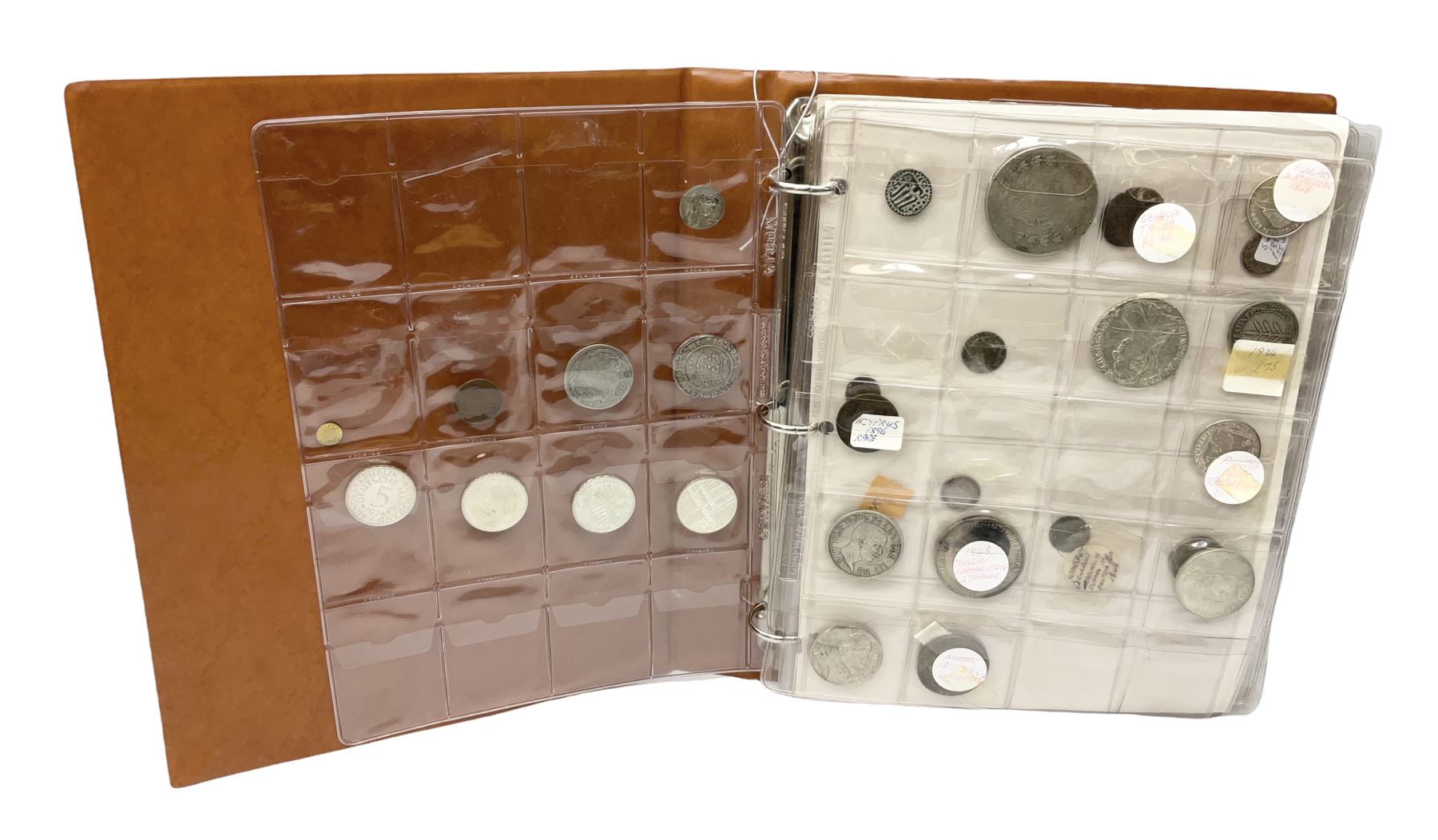 World coins and related items, including Maria Theresa restrike thaler, German silver five deutschmark coins, Sudan 20 piastres, Netherlands 1848 1/2 guilder, United States of America 1964 half dollar etc, small number of fantasy/replica coins etc, housed in a ring binder album 