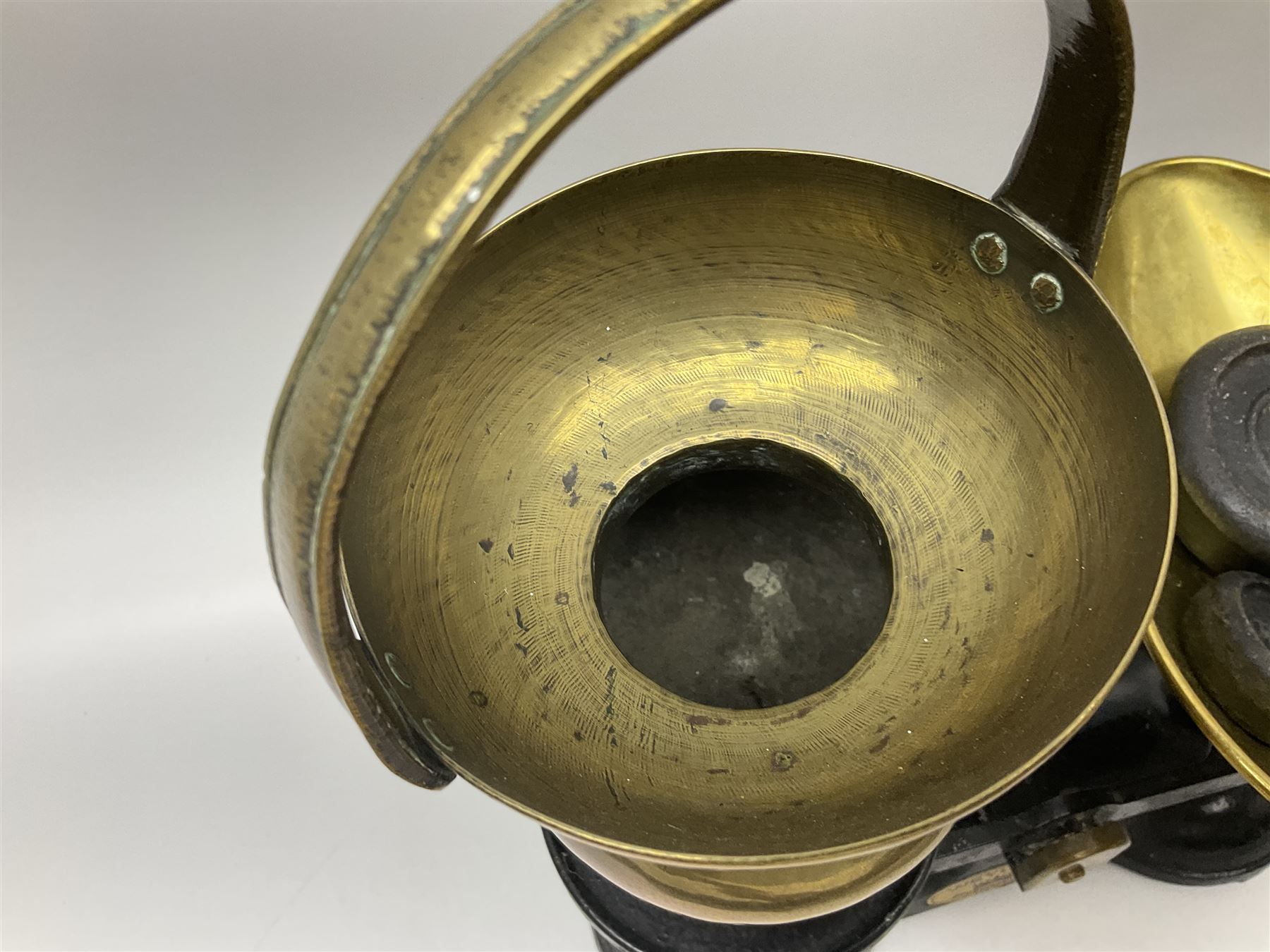 Set of Weylux Prince cast iron and brass weighing scales with weights, together with three copper and brass warming pans and other metal ware