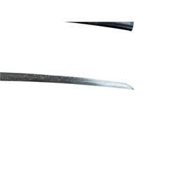 Replica Japanese katana with 63cm curved single edged blade in scabbard, overall L93cm, together with dagger with brass handle in a leather scabbard 