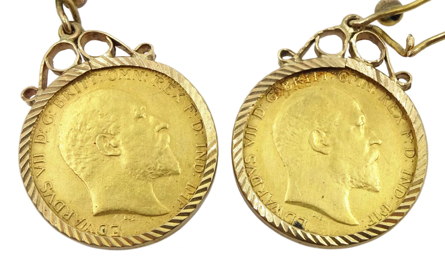 Pair of King Edward VII 1910 gold half sovereign coins, loose mounted as earrings
