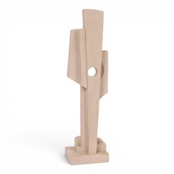 Abrstact stone sculpture, of geometric shapes with a central circular gap, raised upon a s...