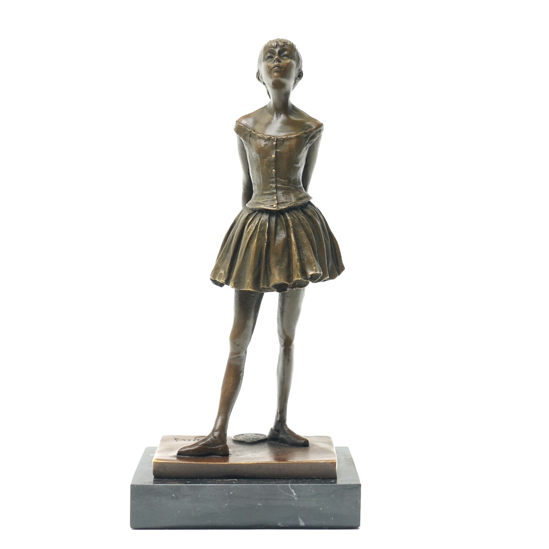 After Edgar Degas, (1834-1917), La Petite Danseuse de Quatorze Ans, small bronze figure modelled as a young female dancer, signed and with foundry mark, raised upon a rectangular base, H18.5cm