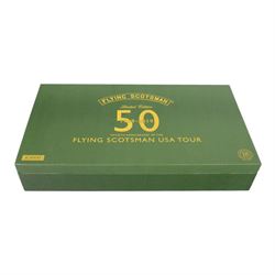 Limited edition Hornby '50th Anniversary of the Flying Scotsman USA Tour' train pack, comprising the locomotive and coal tender, missing the water tender, in LNER Apple Green livery, the running gear, tyres and handrails 18ct gold plated, limited edition no. 153/1000, in presentation box with certificate of authenticity