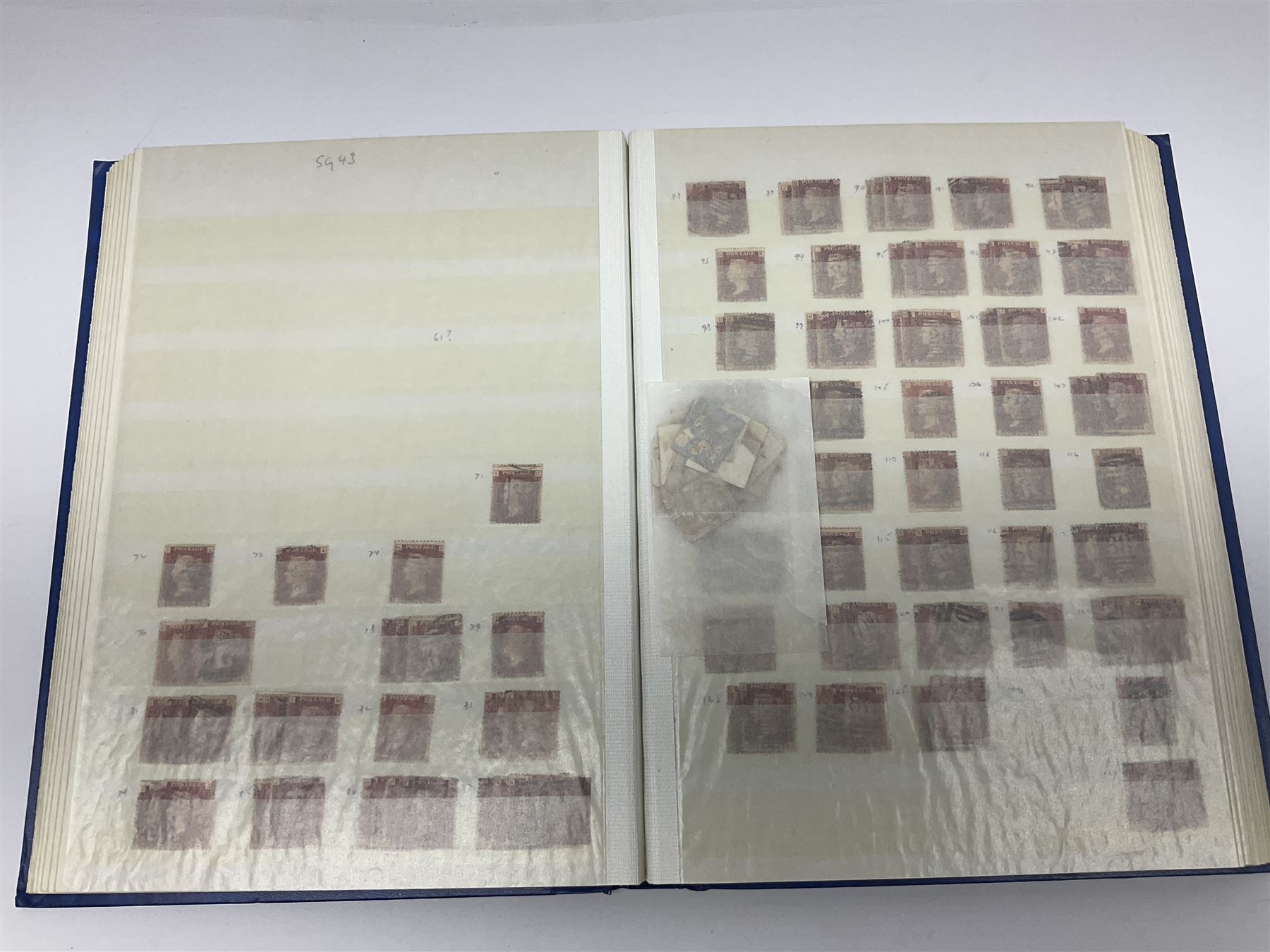 Mostly Great British Queen Victoria stamps, including penny black with black MX cancel, 1840 two pence blue with black cancel, imperf penny reds singles and pairs, perf penny reds stars and plates, various postmarks or cancels, penny reds on pieces or covers, halfpenny 'bantams', other QV issues with some higher values etc, housed in a blue stockbook