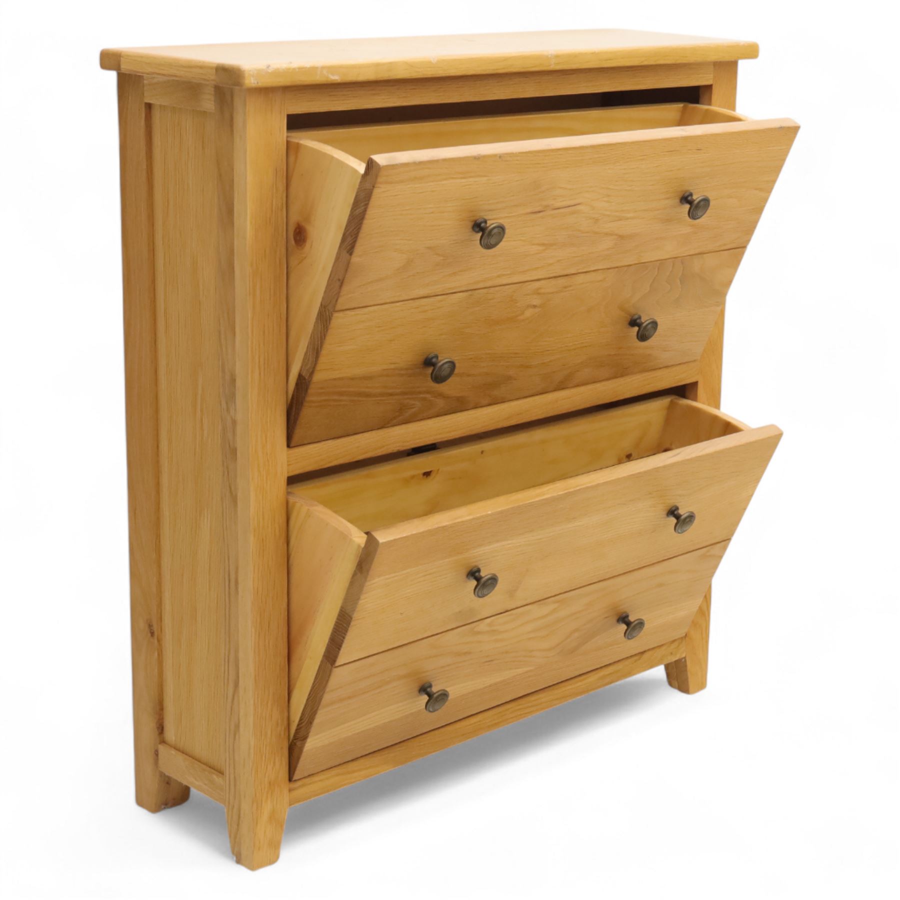 Modern oak effect shoe cabinet, plain rectangular top over two fall-front drawers with metal drop handles, framed sides and block supports