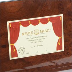 Reuge Sainte-Croix- 21st century Swiss musical box with a highly polished lacquered finish, inlaid and ebonised case with a glazed internal viewing lid, polished steel 144 teeth two-part comb playing three arias from The Phantom of the Opera by Lloyd Webber, with tune indicator and tune sheet.