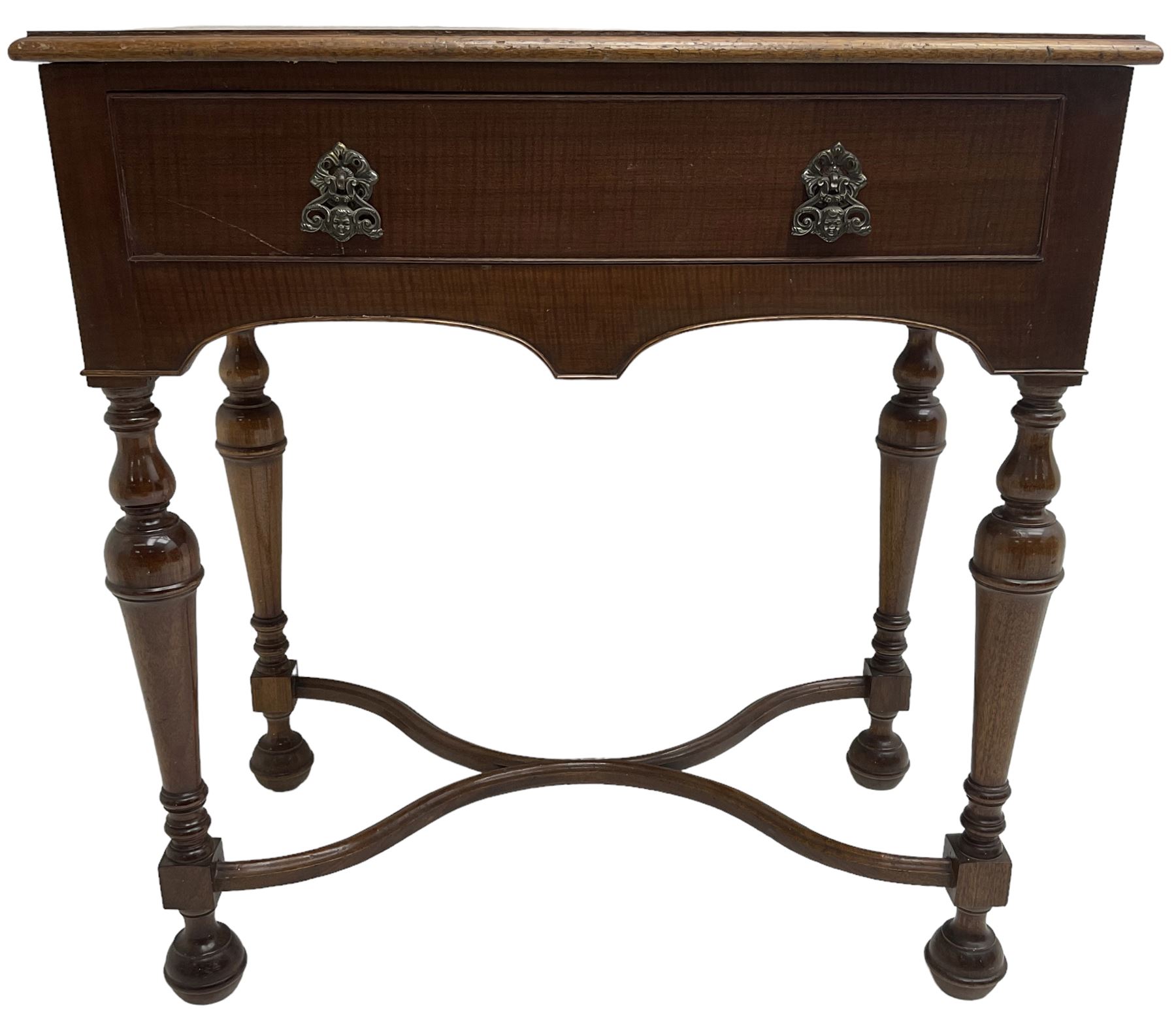 Georgian design mahogany lowboy, fitted with single cock-beaded drawer over double-arched apron, raised on turned supports united by shaped X-stretcher
