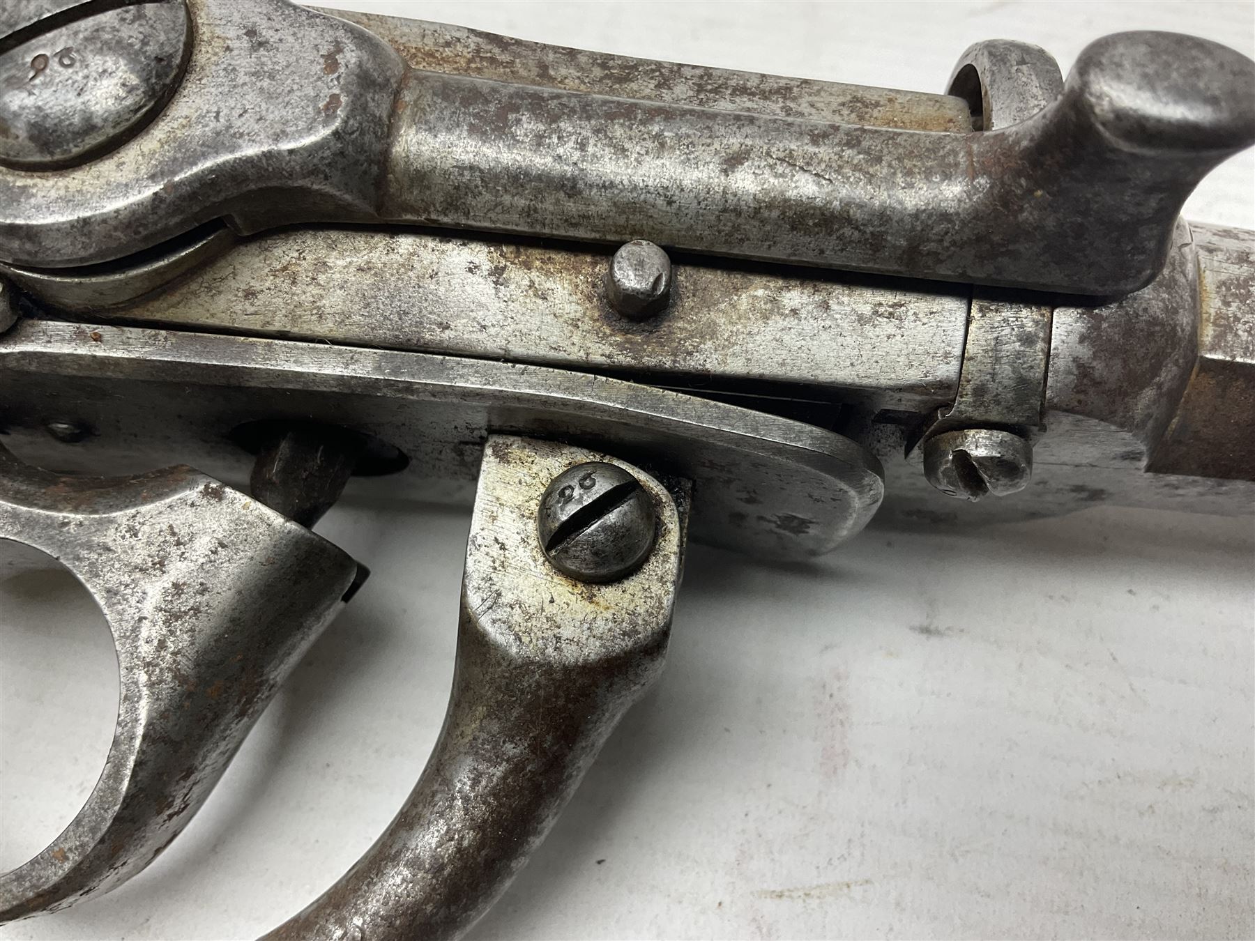 Mid-19th century military Model 1841 Bavarian Lindner style breech loading percussion pistol dated 1842, approximately 16mm cal., 21.5cm rifled octagonal barrel with fixed front and rear sights, unusual under action percussion hammer, profuse ordnance marks and repeated serial number B-249; two stamps to wooden stock L47cm overall