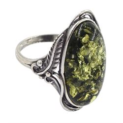 Silver single stone green amber ring, stamped 925