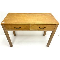 Light oak side table, two drawers, square supports 