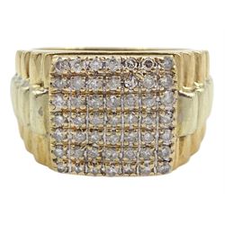 Gold gentleman's signet ring, seven rows of pave set round brilliant cut diamonds and two tone gold stepped shoulders, hallmarked 9ct, total diamond weight 1.02 carat