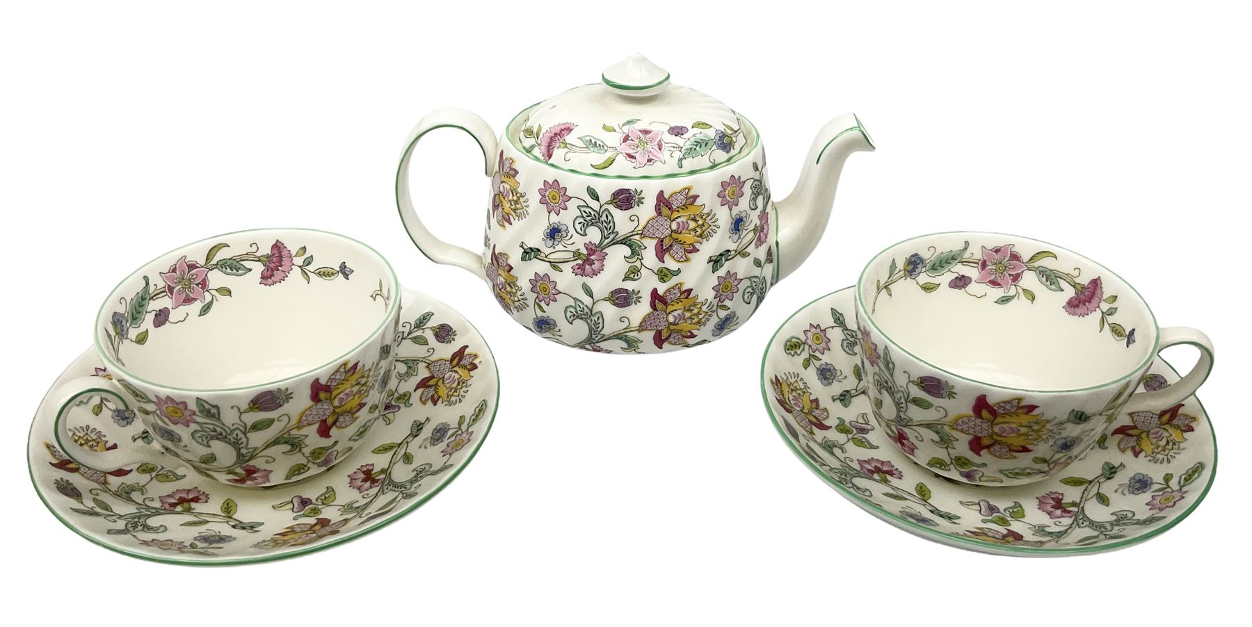 Minton Haddon Hall pattern tea set, comparing teapot, two tea cups and saucers (5)